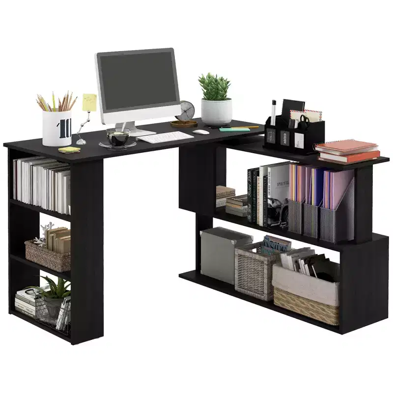 HOMCOM 360 Rotating Home Office Desk L Shaped Corner Computer Desk with Storage Shelves, Writing Table Workstation