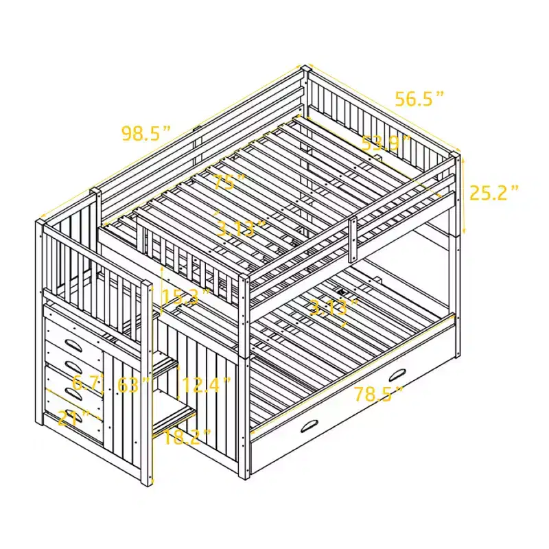 Full over Full Bunk Bed with Stairs and Storage Wood Bunk Bed frame with Trundle and Drawers, Gray