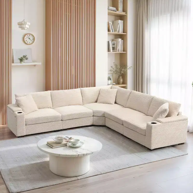 106 W 5-Seat Convertible L-Shaped Corduroy Sectional Sofa with USB Charger, Cup Holders, Storage Armrest, Modular Design