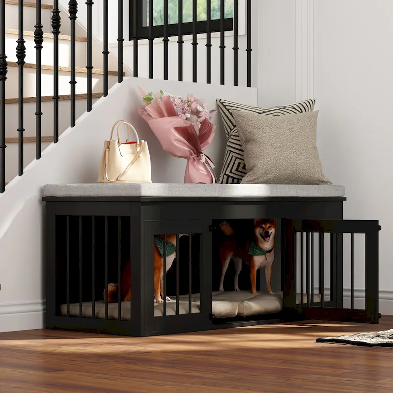 Black Wooden Dog Crate with Cushion Bench Top, Single Dog, 47.2