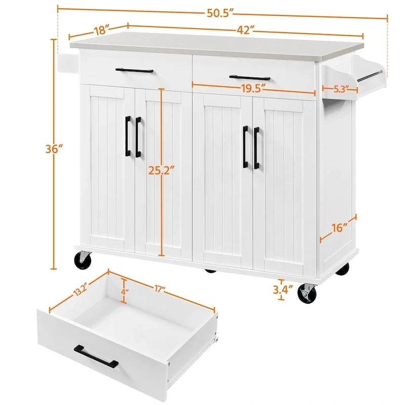 Large Kitchen Island Cart with Stainless steel tabletop