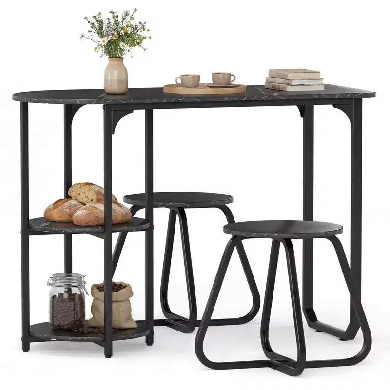 Costway 3 PCS Dining Table Set, Wooden Metal Kitchen Table & 2 Stools with Storage Shelves Rustic Brown+Black/White+Golden