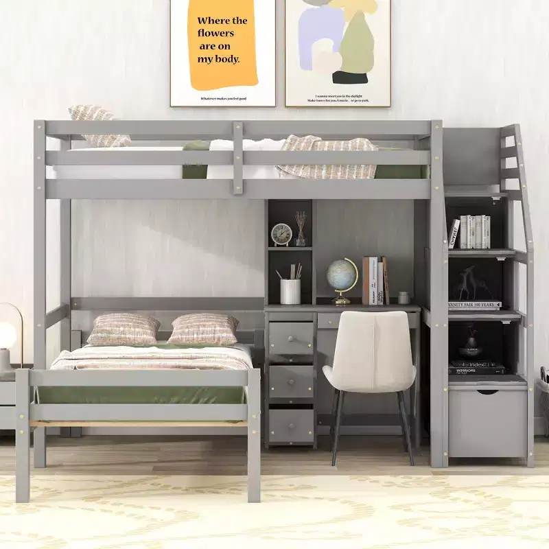Whisen 95.1''L  79.5''W Twin Size Loft Bed with a Stand-alone Bed, Storage Staircase, Desk, Shelves and Drawers