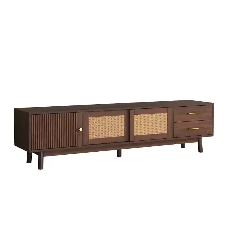 Clihome Mid Century Modern TV Stand for 80 TVs, Entertainment Center with Sliding Doors and Drawers, TV Table with Storage for Living Room