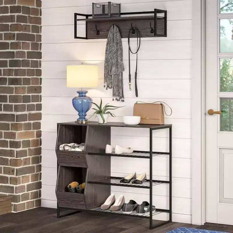 RiverRidge Afton Entryway Shoe Storage Organizer with 3 Shoe Racks and 2 Shoe Organizer Boxes - Weathered Woodgrain