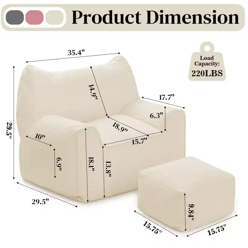 Hommpa Cat Shaped Ergonomic Corduroy Bean Bag Chair with Ottoman for Adults - Plush Ergonomic Lounge Sofa, Gaming & Relaxation Seat