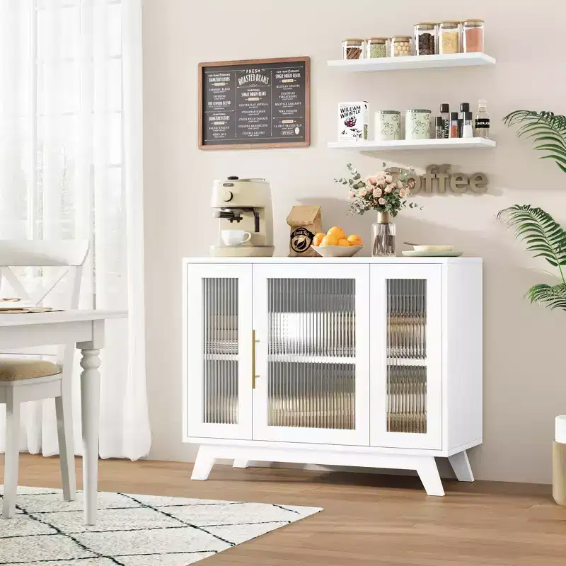 Buffet Cabinet with Storage, 36 Sideboard Cabinet with Fluted Glass Door, Retro Coffee Bar Station with Adjustable Shelf, White