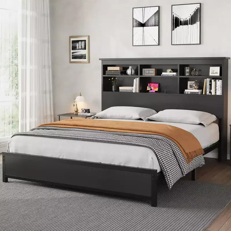 King Size Bed Frame with Bookcase Headboard, Tall Wooden Bed Headboard Frame, Under Bed Storage Space, No Box Spring Needed, Black