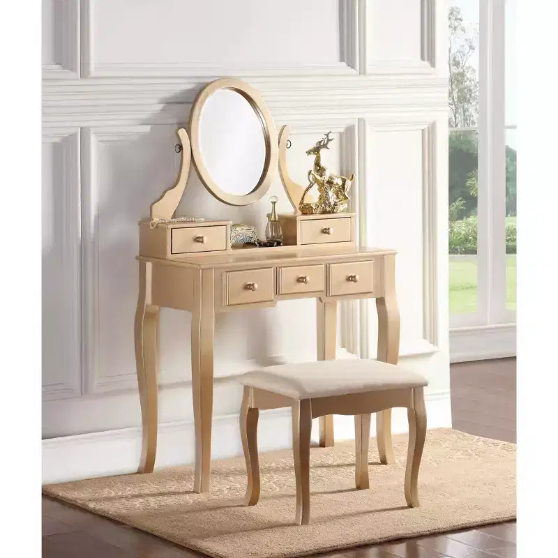 Contemporary Makeup Vanity Desk with Mirror, 5 Drawers, Matching Stool for Bedroom, Gold Finish, Space-Saving Design