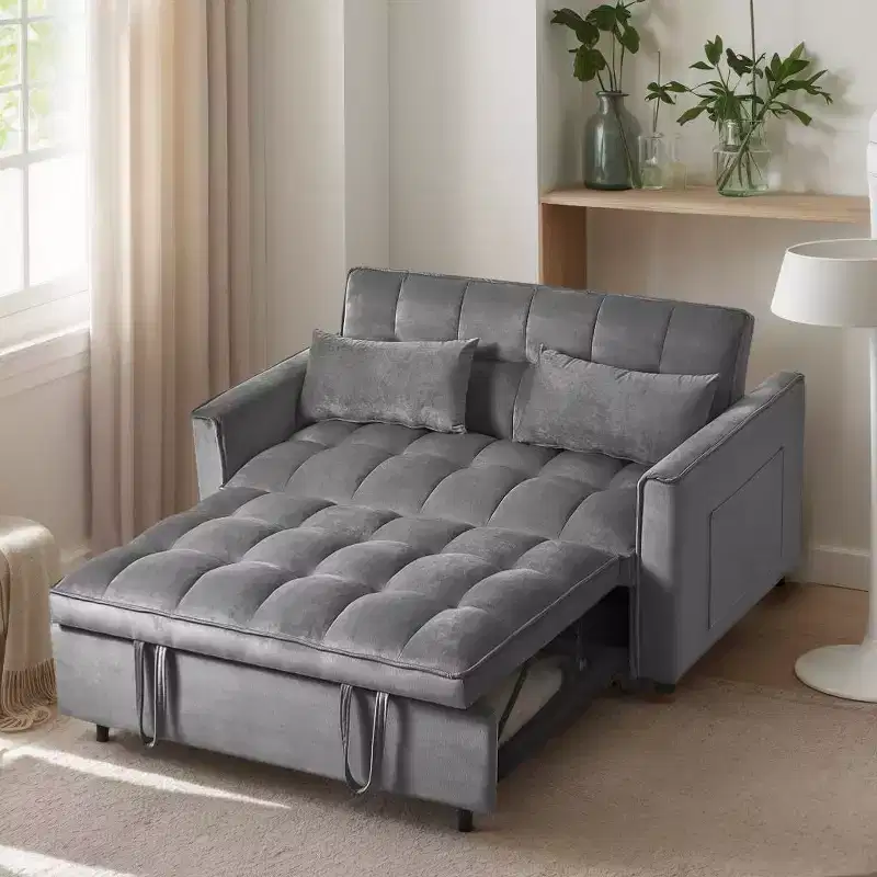 3-in-1 Convertible Sleeper Sofa Bed, Pull-Out Velvet Loveseat Futon with Pillows - Dark Gray