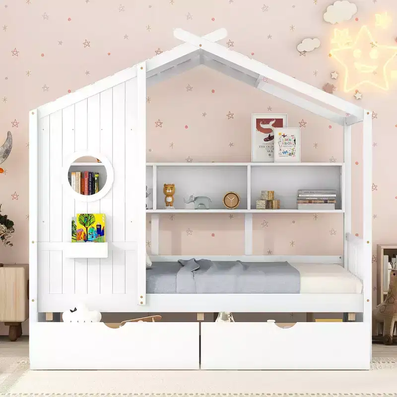 Wooden Full House Bed with 2 Drawers and Storage Shelf for Kids, White