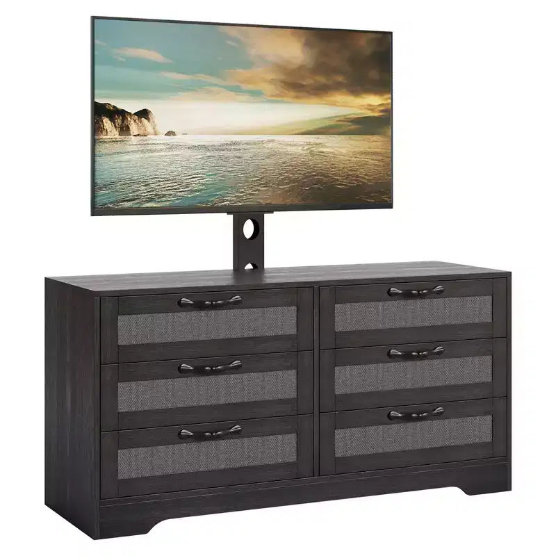Modern Design TV Stand with Mount  6-Drawer Rattan Dresser for 32-85 TVs  Spacious Storage, Media Console Table