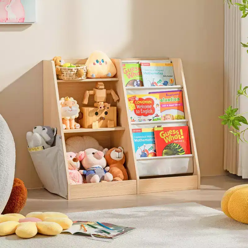 3 Tier Wooden Bookshelf and Toy Storage with Three Layer Sling Bookcase for Living Room Beige