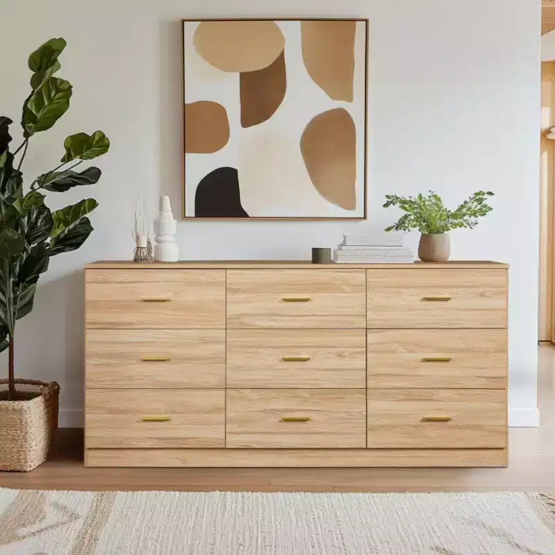 Modern Hardwood Bedroom Dresser with 9 Drawers - Spacious Storage Space, Large Drawers, Sturdy and Secure, Suitable for living Room and Bedroom.