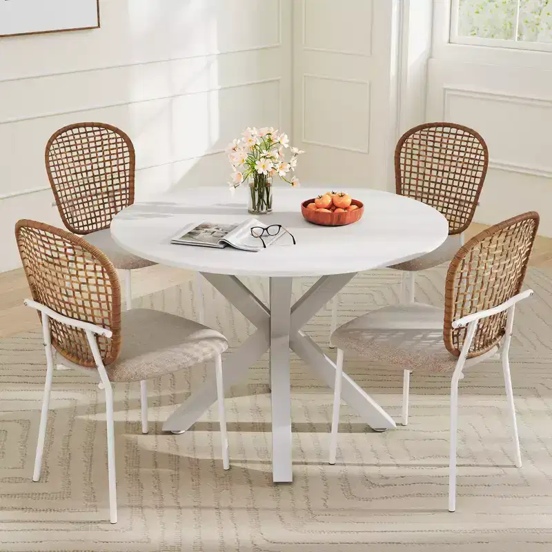 Zevemomo 5-Piece Mid-Century Dining Set for 4-6, MDF Table Top with Metal Legs, Pedestal Dining & Coffee Table Set