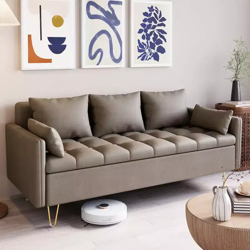 63.8 Inch Modern 3-Seat Sofa Couch with Storage Under Seat Cushion, Comfy Leather Fabric Sofa with 5 Pillows, Memory Foam, for Living Room, Bedroom
