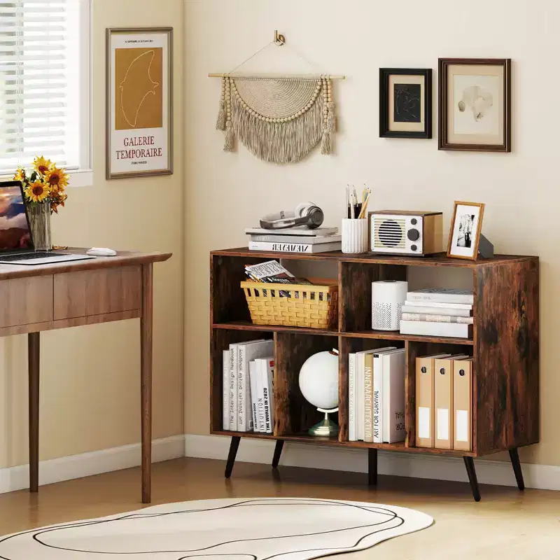 Record Player Stand with Charging Station, Open Shelves & Compartments – Brown/White