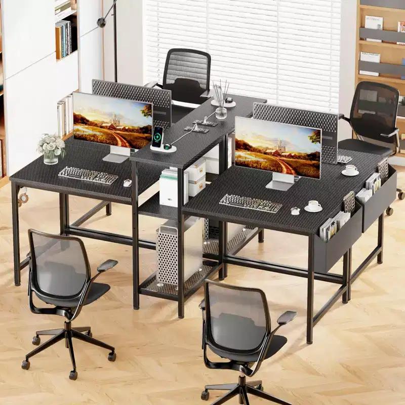 71 Inch Black Two Person Gaming Desk with LED Lights Double Computer Desk Monitor Stand Storage Shelves Headphone Hook Home Office Workstation