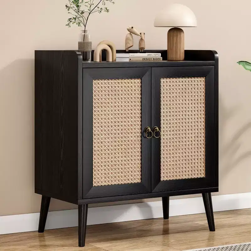 Sideboard Buffet Cabinet with Natural Rattan Decorated Doors