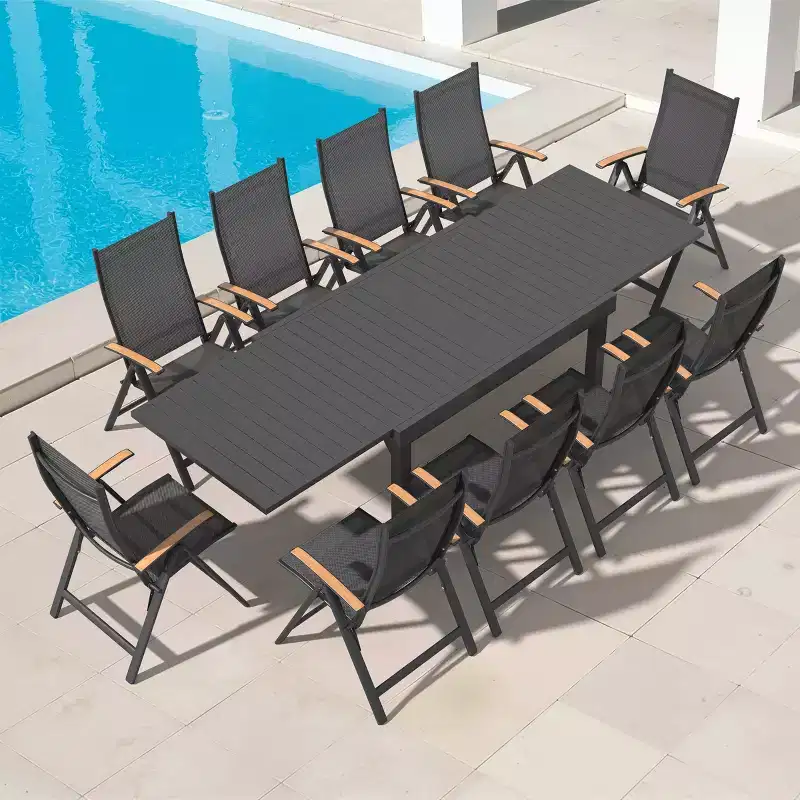 Crestlive Products Expandable Patio Dining Set Aluminum Frame with Adjustable Folding Dining Armchairs for 8-10 People