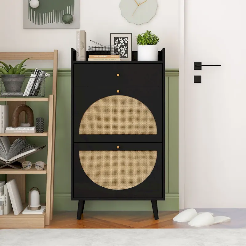 Rattan 2-Door 1-Drawer Cabinet & Shoe Rack | Entryway Storage Organizer