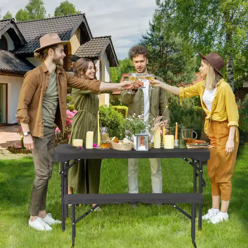 Costway Outdoor Table Bench Set Folding Picnic Table Set w/ 2 Benches Sturdy Metal Frame