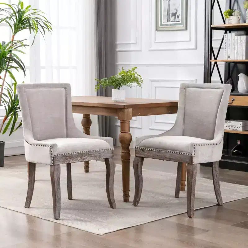 Okak Retro Dining Chairs Set of 2, Comfy Fabric Chairs with Thick Cushions, Kitchen Side Chairs with Solid Wood Legs Bronze Nail Head