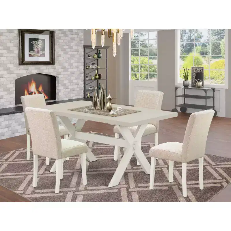 HomeStock 5-Piece Rectangle Natural Oak Finish Solid Wood Top Dining Table with 4 Upholstered-Chairs
