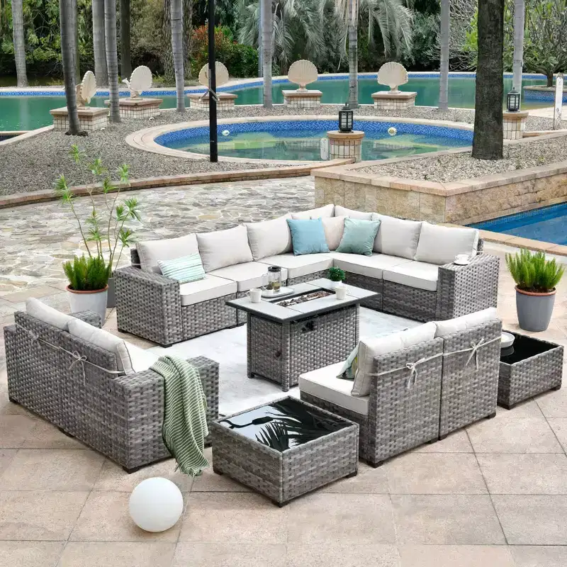 Marlton 13pc Wicker Outdoor Patio Furniture Set Conversation Sofa Set with a Rectangle Fire Pit and Cushions
