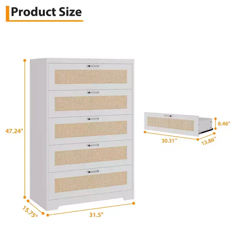 Modern Rattan Dresser with Natural Wood & Rattan Panels, Storage Chest for Bedroom, Closet and Entryway