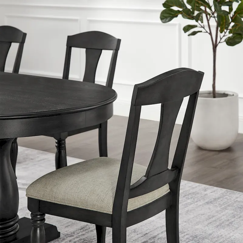 7 Pcs Solid Wood Dining Table Set, , Kitchen Extendable Dining Table Set with Curved Table and 6 Upholstered Chairs