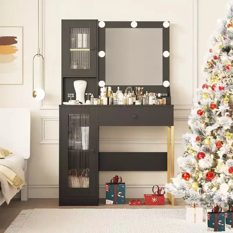 Modern Makeup Vanity Desk with Mirror, Charging Station, Ample Storage Drawers & Acrylic-Door Cabinets, Wooden Dressing Table for Bedroom
