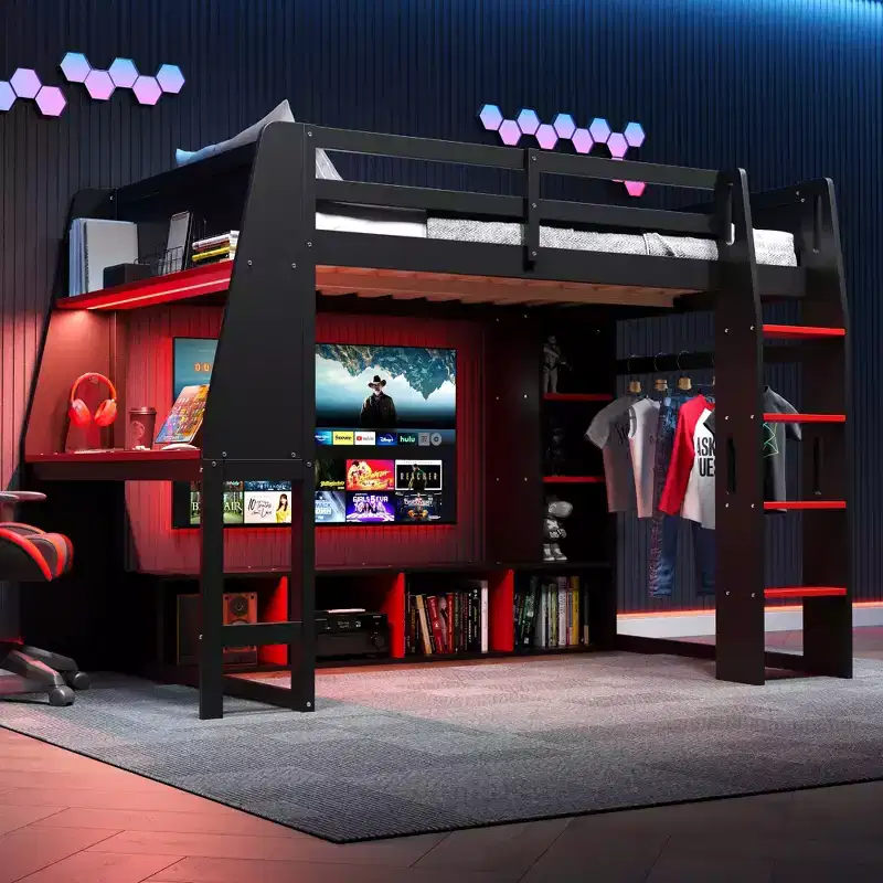 Twin/Full Size Gaming Loft Bed With Desk, LED Lights, Multi-Storage Shelves and Hanging Clothes Rack, Space-Saving Wooden Bed Frame