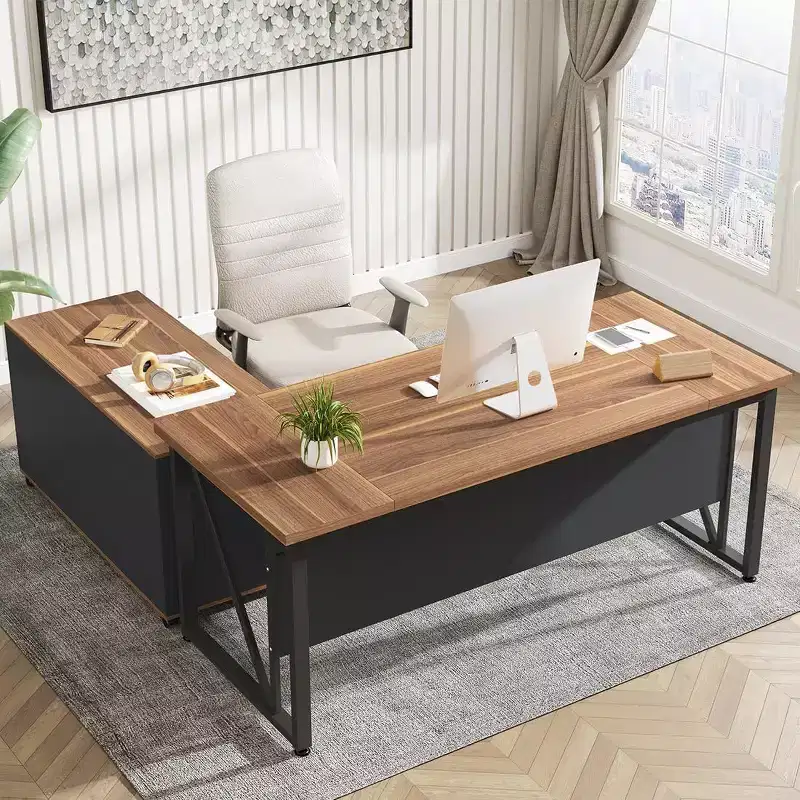 63 Executive Desk and 47 Lateral File Cabinet, L-shaped Computer Desk Business Furniture with Drawers and Storage Shelves