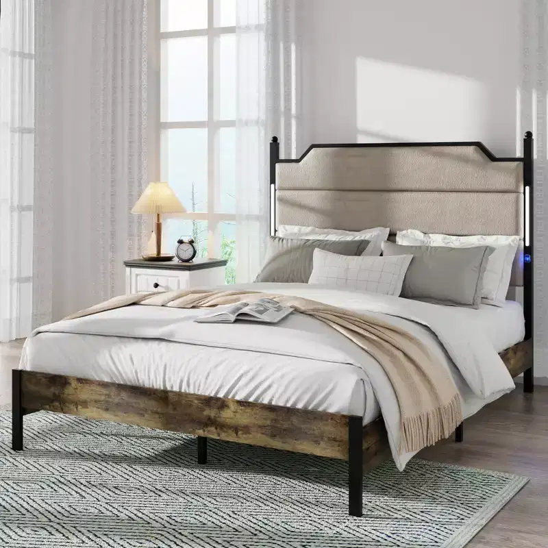 Queen/King Size Platform Bed with Upholstered Headboard, Wood Platform Bed Frame with Charging Station and LED Lights, Industrial Brown