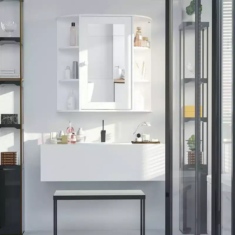 Wall-Mounted Medicine Cabinet with Mirror and Open Side Shelves for Bathroom Storage - White
