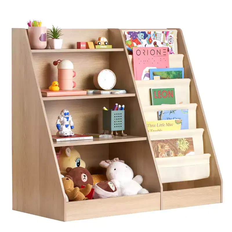 4-Tier Kids Wooden Bookshelf - Six-Layer Sling Bookcase, Toy & Book Organizer for Kids Room