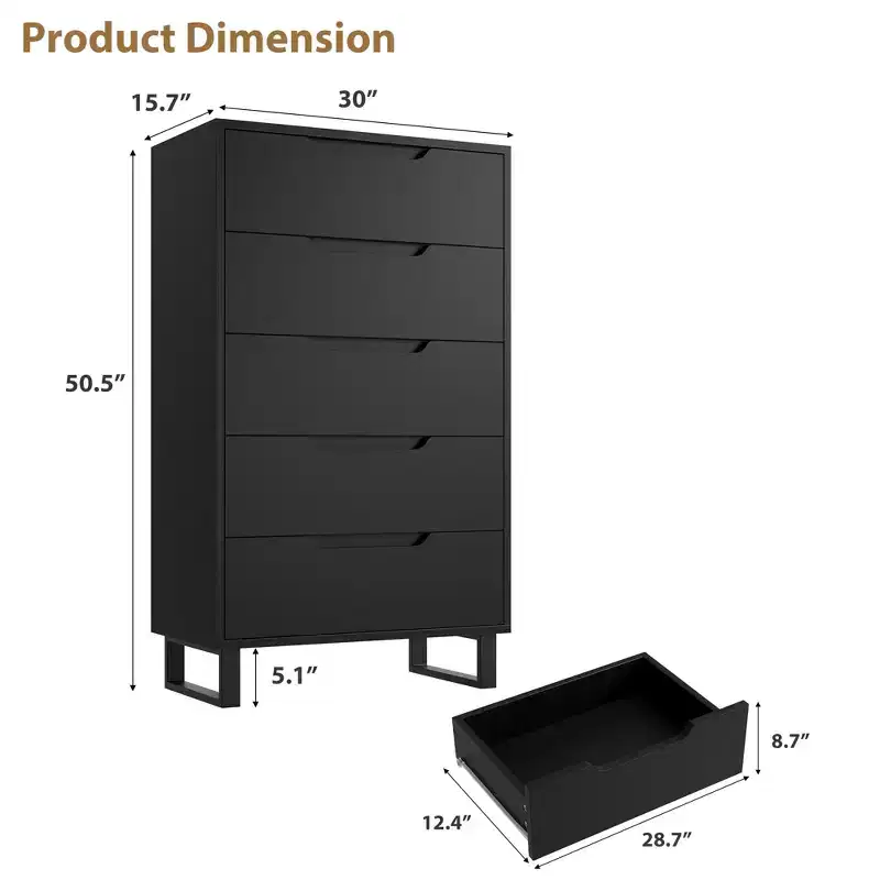 5 Bedroom Dresser, 50.5 Inch High Dresser, Freestanding Vertical Drawers with Storage, Wooden Wardrobe for Living Room, Hallway, Entryway