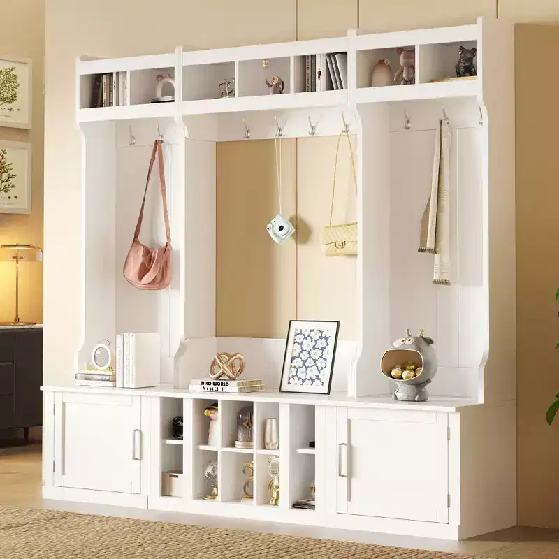 Wide Hall Tree with Entryway Bench and Shoe Cubbies, Coat Rack with Storage Shelves and 10 Hooks, Coat Tree for Hallway, White