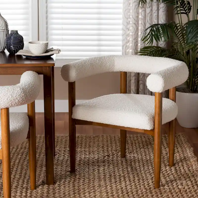 Japandi Boucle Fabric Dining Armchair | Tuxedo Silhouette | Rubberwood Legs | 28.9