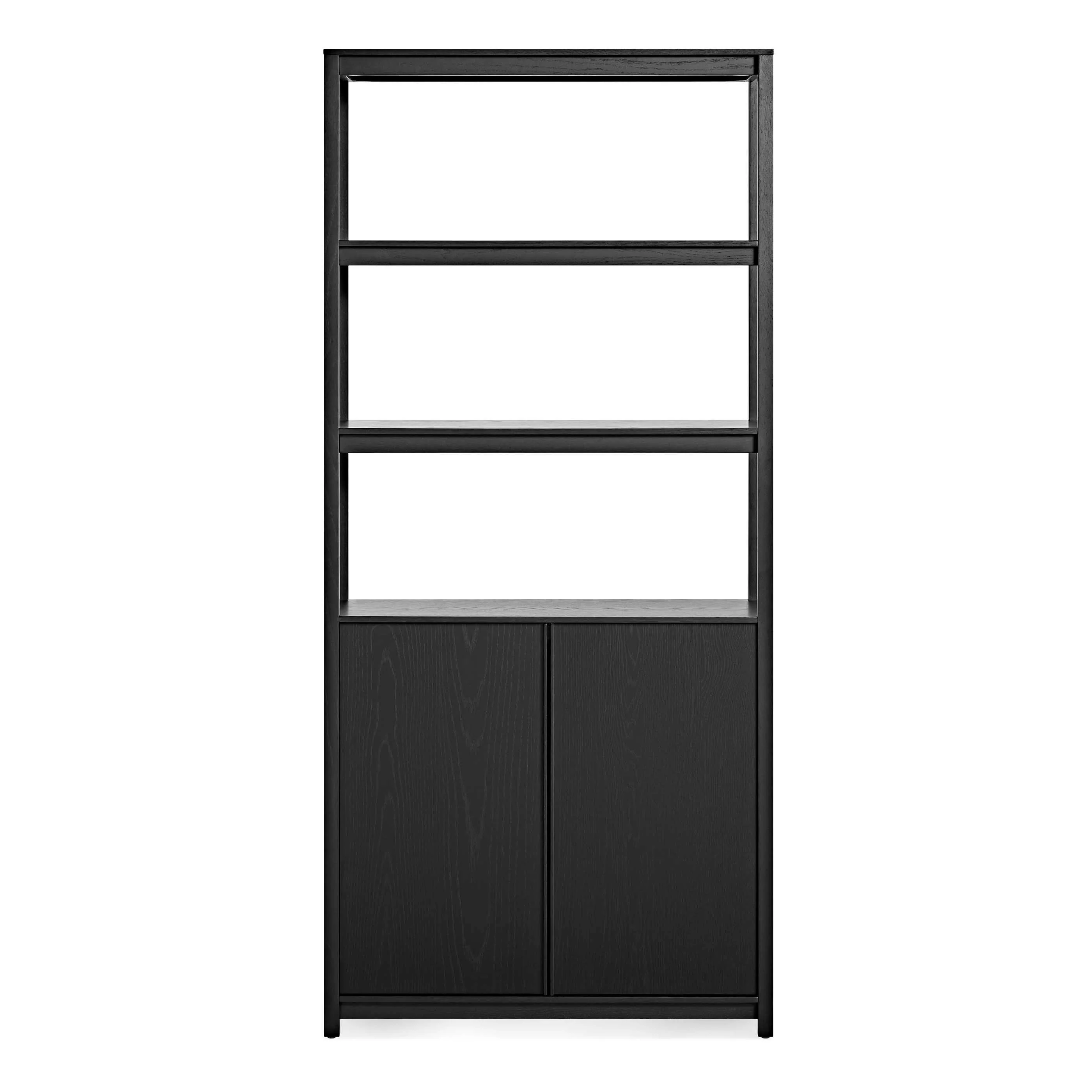 Modern Black Oak Wood Bookcase with Open Shelf & Cabinet Doors for Living Room