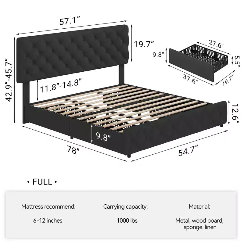 Upholstered Full Platform Bed Frame with 4 Storage Drawers Adjustable Headboard, PU Leather Platform Storage Bedframe