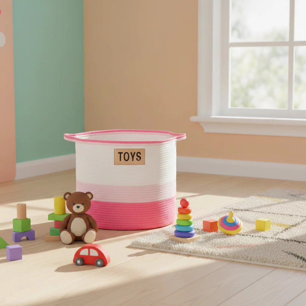 Pink Toys Cotton Rope Basket- 3 Tone- Nursery Dog Kids Baby Woven Storage Bin Organizer