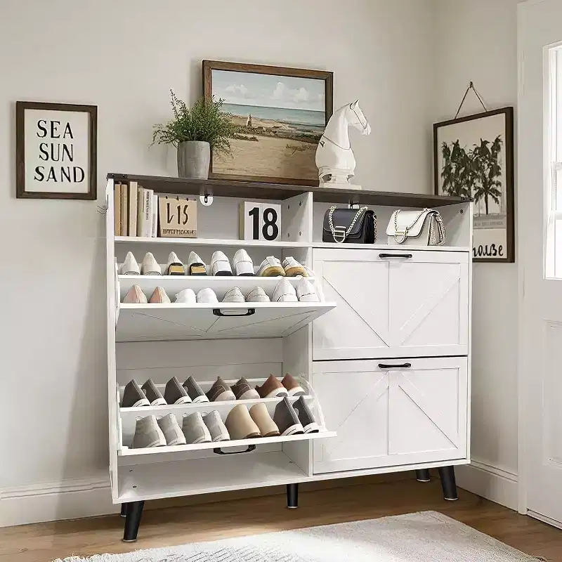 Shoe Cabinet with 4 Flip Drawers, Slim Freestanding Shoe Organizer with Metal Legs, Narrow Entryway Storage Cabinet, White