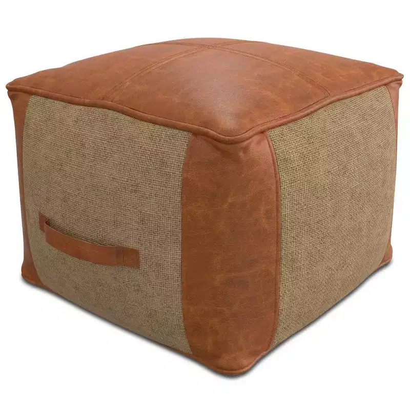 Castlebridge Pouf Tan - WyndenHall: Contemporary Square Ottoman, Removable Leather Cover, Abstract Pattern, 250 lb Capacity