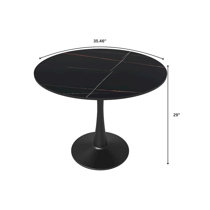 35in Round Dining Table with Sintered Stone Tabletop, Black Steel Pedestal Base, Scratch-Resistant