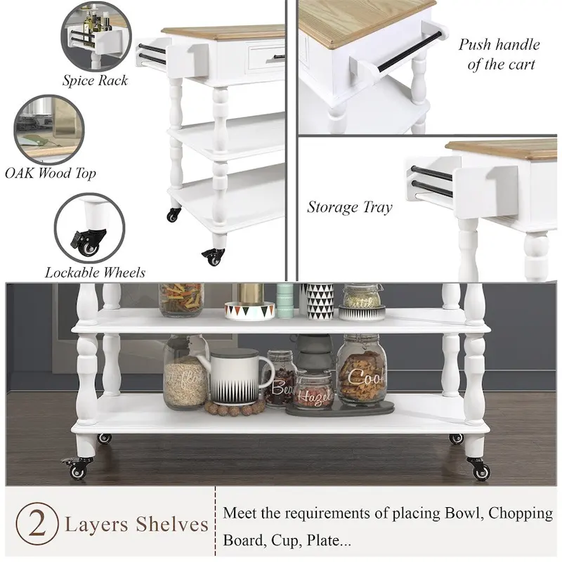 Rolling OAK Wood Top Kitchen Cart with Wine Rack and 2 Drawers