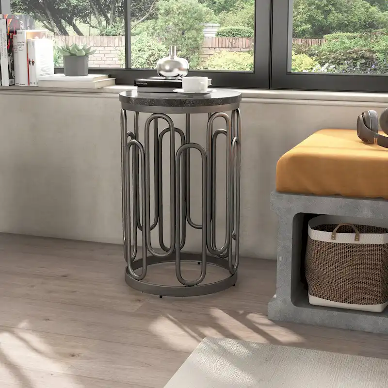 Modern Round Small End Table with Marble Top, Sturdy Decorative Metal Base