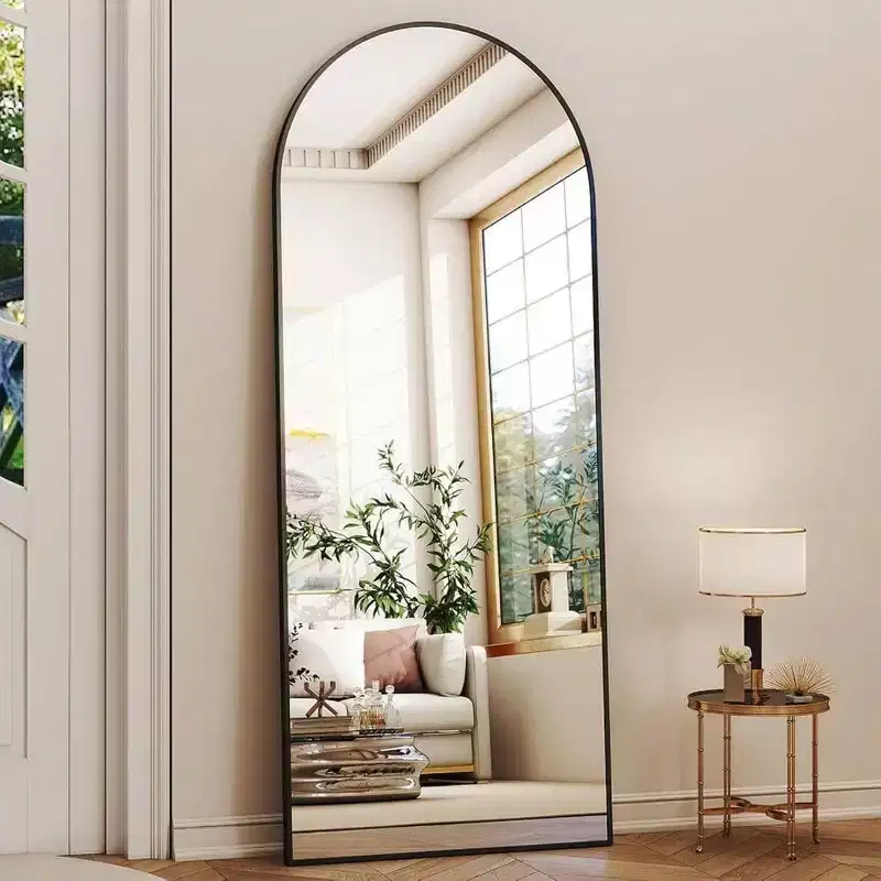 56 Inch Arched Full Length Mirror with Aluminum Alloy Frame Black Standing Wall Mounted Floor Mirror Large Dressing Mirror