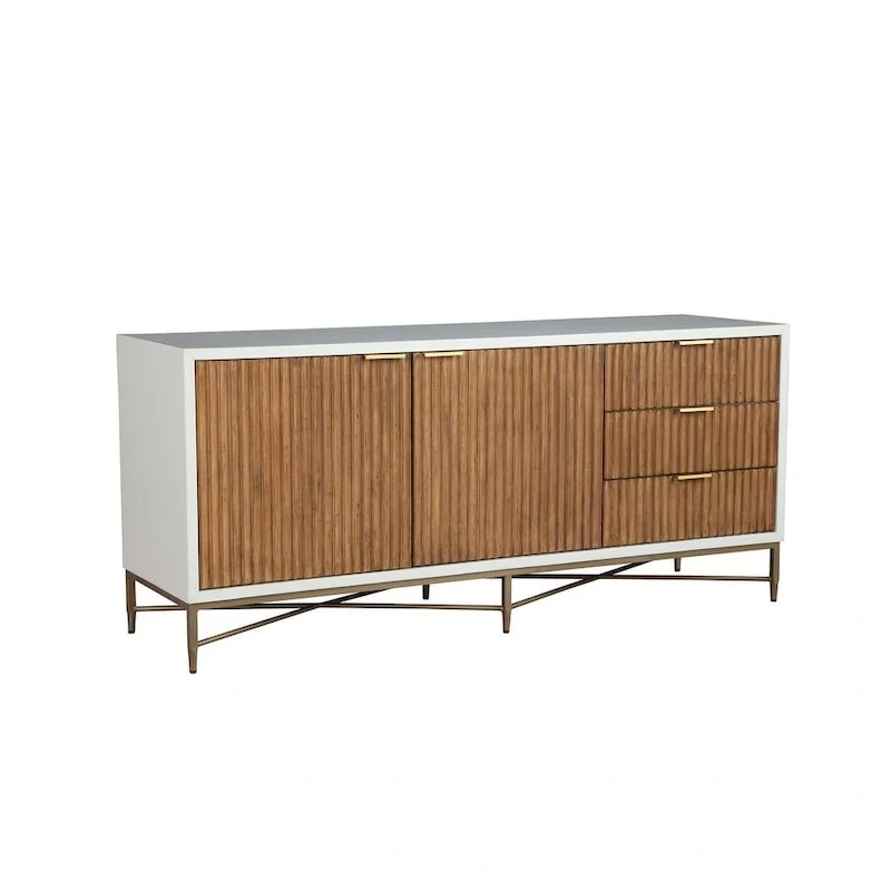 TV Console with Textured Solid Wood Drawer Faces, Gold Legs and Felt-Lined Drawers – White, 64
